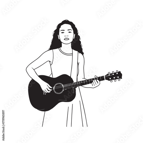 
Black and white line art of a cool woman playing guitar in casual outfit minimalist stylish illustration