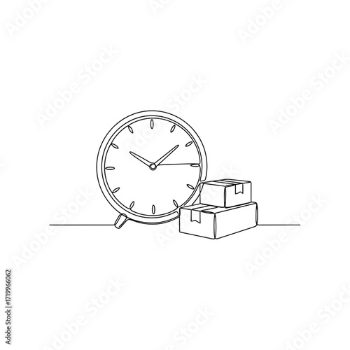 Clock and delivery boxes in continuous line drawing style