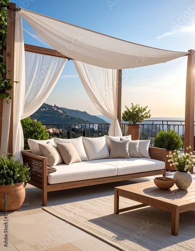 Outdoor patio furniture under a canopy