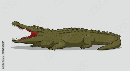 A menacing alligator with its mouth wide open, revealing sharp teeth