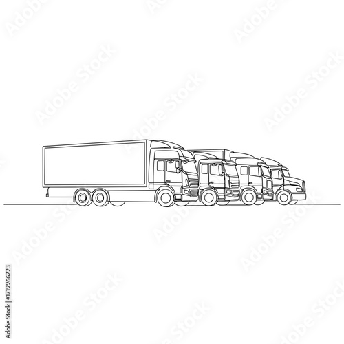 Fleet of cargo trucks in continuous line drawing style