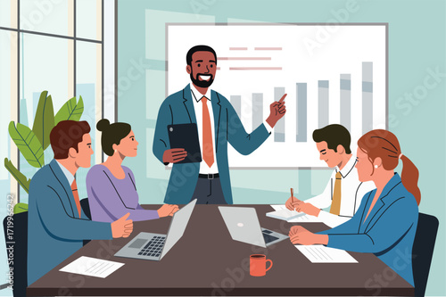 Business presentation. Public speaker or coach presenting charts, diagrams and reports before audience. Vector cartoon flat style illustration