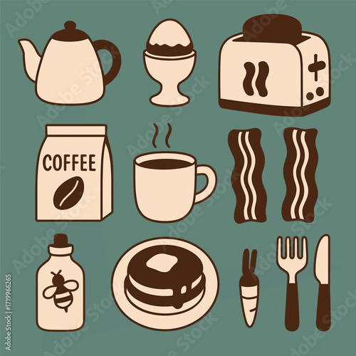 Breakfast food vector set with coffee pancakes bacon and toaster illustration