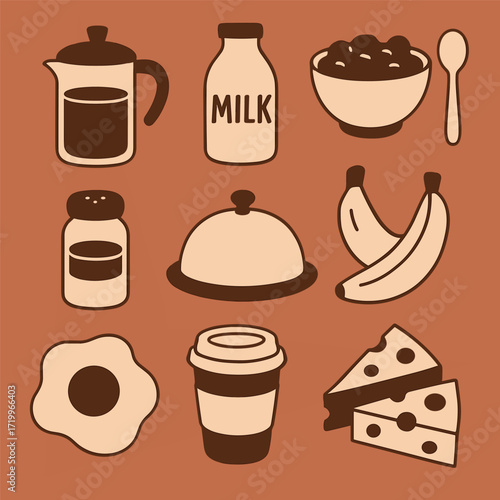 Breakfast food vector set with coffee pancakes bacon and toaster illustration