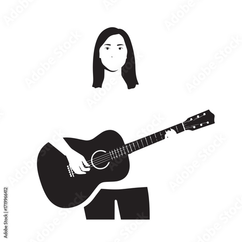 
Black and white line art of a cool woman playing guitar in casual outfit minimalist stylish illustration