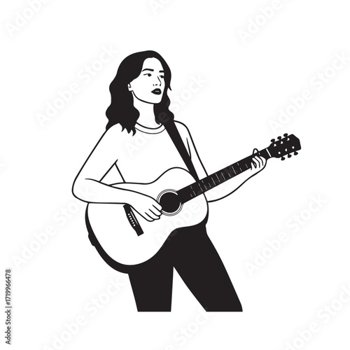 
Black and white line art of a cool woman playing guitar in casual outfit minimalist stylish illustration