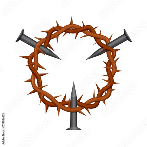 classic simple christian jesus crown of thorns with 3 nails vector isolated on transparent background