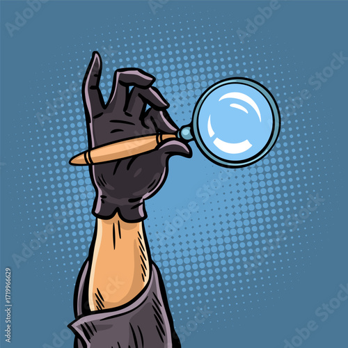Gloved hand holding magnifying glass noir close up