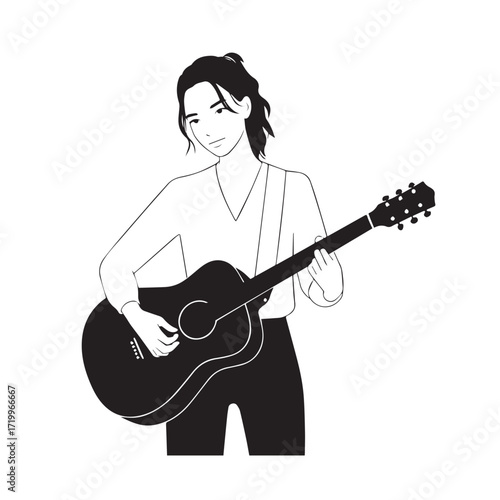 
Black and white line art of a cool woman playing guitar in casual outfit minimalist stylish illustration