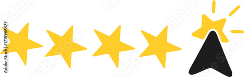 Five star rating with cursor click icon symbolizing customer feedback, online review, best quality service, satisfaction rating system, testimonial and user experience