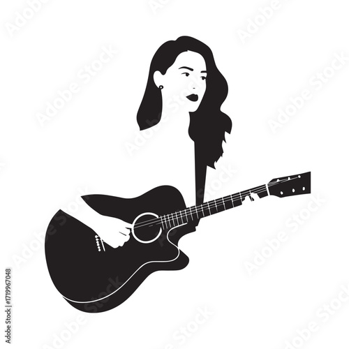 
Black and white line art of a cool woman playing guitar in casual outfit minimalist stylish illustration
