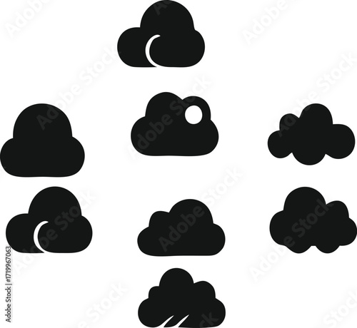 Set of simple black cloud icons in flat silhouette style representing weather forecast, sky elements, storm, rain, cloud computing and digital storage vector design