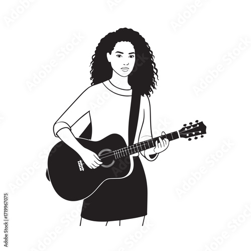 
Black and white line art of a cool woman playing guitar in casual outfit minimalist stylish illustration