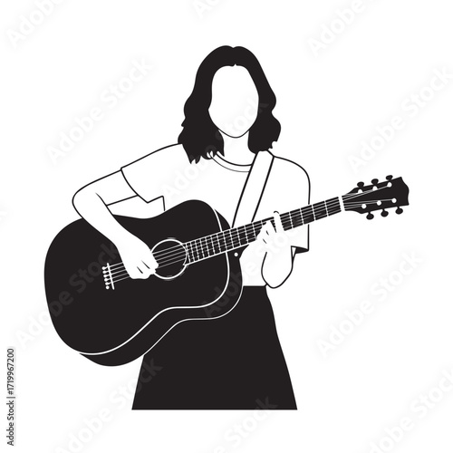 
Black and white line art of a cool woman playing guitar in casual outfit minimalist stylish illustration