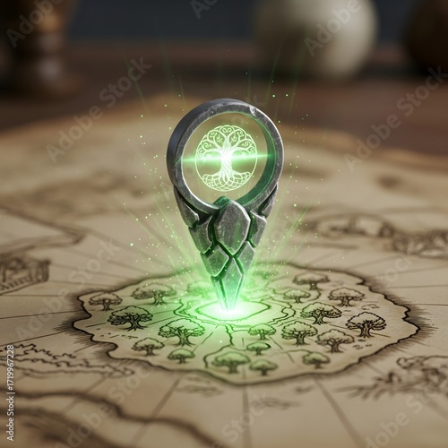 Mysterious ancient artifact glowing with magical energy placed on an ancient map marking a hidden mushroom island