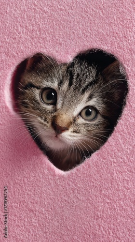 Katze schaut durch herzf?rmiges Loch in rosa Stoff Liebe zum geliebten Haustier