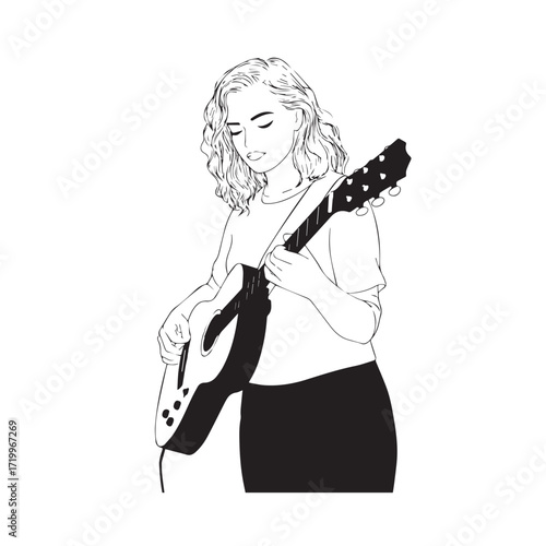 
Black and white line art of a cool woman playing guitar in casual outfit minimalist stylish illustration