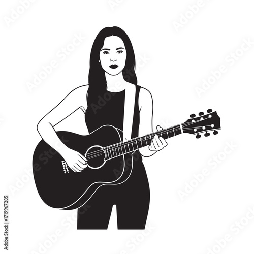 
Black and white line art of a cool woman playing guitar in casual outfit minimalist stylish illustration