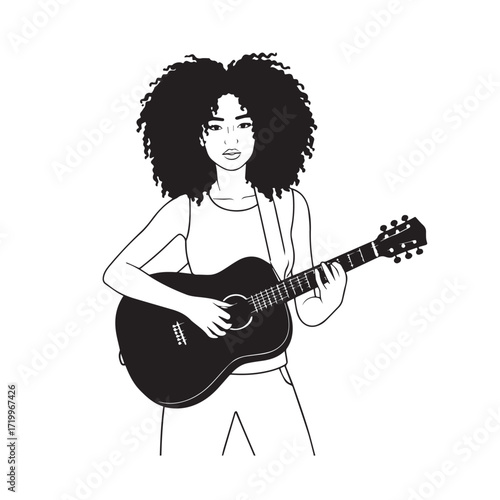 
Black and white line art of a cool woman playing guitar in casual outfit minimalist stylish illustration