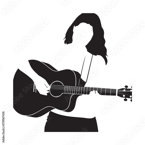 
Black and white line art of a cool woman playing guitar in casual outfit minimalist stylish illustration