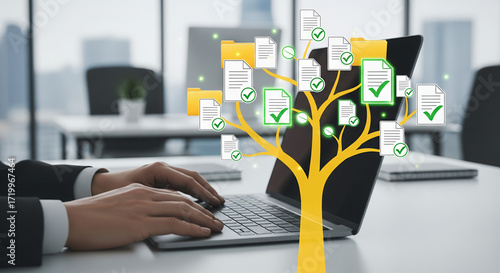 A person working on a laptop with a digital tree representing data storage. Digital innovation merges with efficient data management.