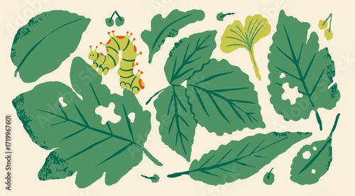 Various green leaves chewed by insects. Damaged leaves with holes due to being eaten by caterpillar. Insect on a leaf. Hand drawn modern Vector illustration. Isolated design elements 