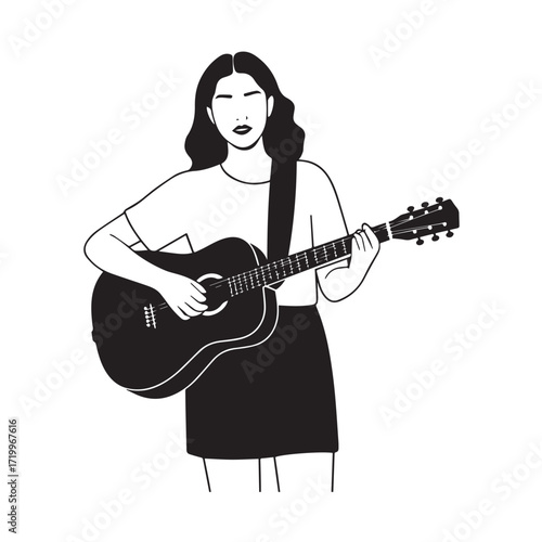 
Black and white line art of a cool woman playing guitar in casual outfit minimalist stylish illustration
