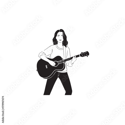 
Black and white line art of a cool woman playing guitar in casual outfit minimalist stylish illustration
