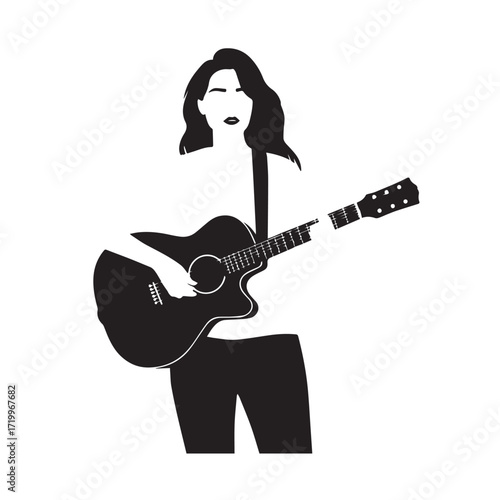 
Black and white line art of a cool woman playing guitar in casual outfit minimalist stylish illustration
