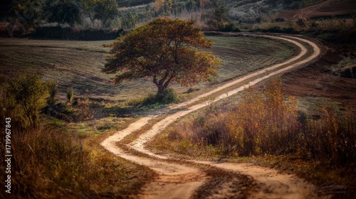 Landschaftsaufnahme kurvenreiches Feldweg mit Baum in Herbstfarben
