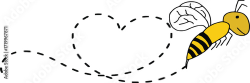 Cute flying bee with dotted heart shaped trail representing love, romance, nature, spring, honeybee, pollination, playful insect, affection, and environmental ecology illustration design