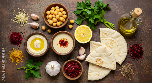 Flat lay of Middle Eastern mezze ingredients on a textured stone surface. Includes chickpeas, tahini, garlic, lemon, olive oil, parsley, pita bread, sumac, cumin. Warm, authentic mezze vibe.