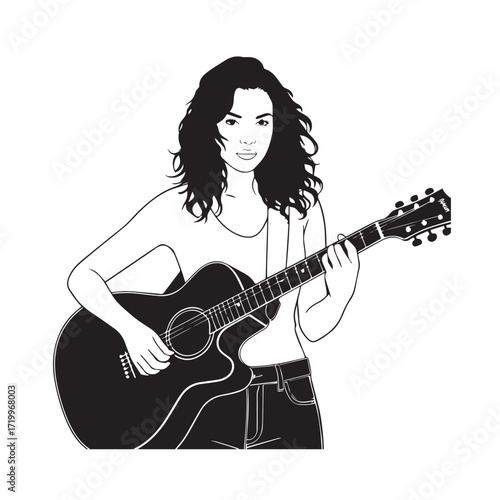 
Black and white line art of a cool woman playing guitar in casual outfit minimalist stylish illustration