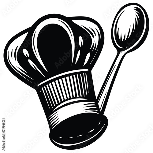 Chef hat and spoon illustration with culinary elements and cooking tools