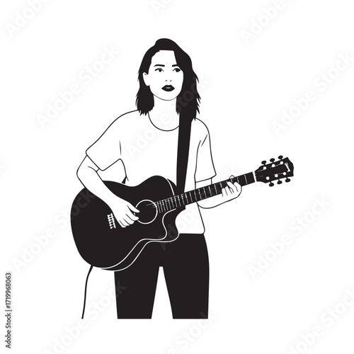 Black and white line art of a cool woman playing guitar in casual outfit minimalist stylish illustration