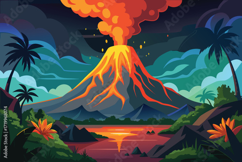 Vibrant volcano eruption with lava flowing into tropical landscape