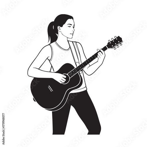 Black and white line art of a cool woman playing guitar in casual outfit minimalist stylish illustration