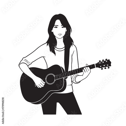 Black and white line art of a cool woman playing guitar in casual outfit minimalist stylish illustration