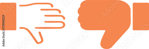 Thumbs down icons set in orange, outline and solid negative hand gesture symbols for dislike, rejection, bad rating, negative feedback, social media reaction and wrong choice illustration