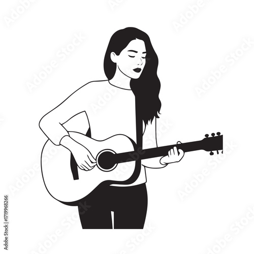 Black and white line art of a cool woman playing guitar in casual outfit minimalist stylish illustration