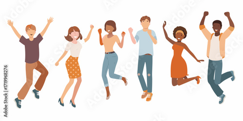 Diverse group of happy young adults jumping and celebrating together with arms raised