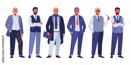 A diverse group of six stylish men in business attire standing together