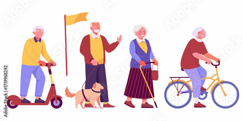 Active senior citizens enjoying outdoor activities with a dog and mobility aids