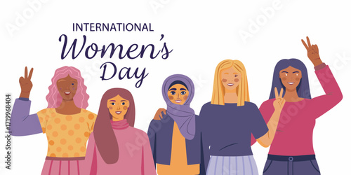 Diverse group of women celebrating international womens day with peace signs and smiles