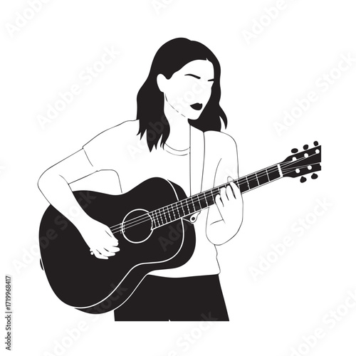 Black and white line art of a cool woman playing guitar in casual outfit minimalist stylish illustration