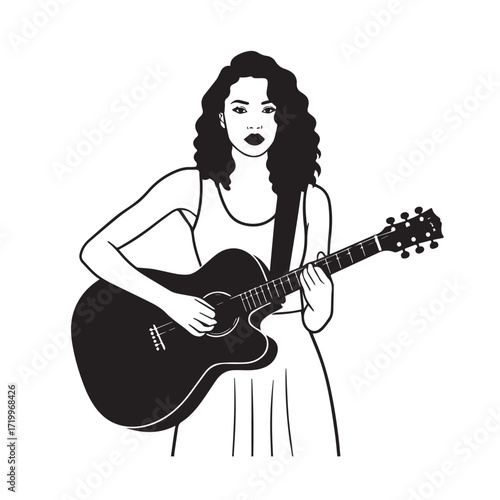 Black and white line art of a cool woman playing guitar in casual outfit minimalist stylish illustration