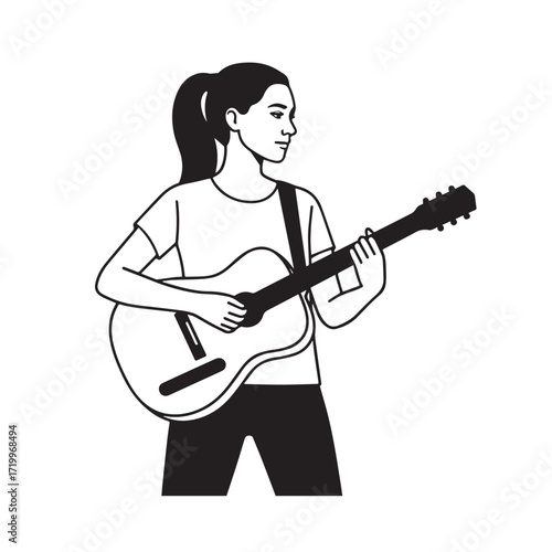 Black and white line art of a cool woman playing guitar in casual outfit minimalist stylish illustration