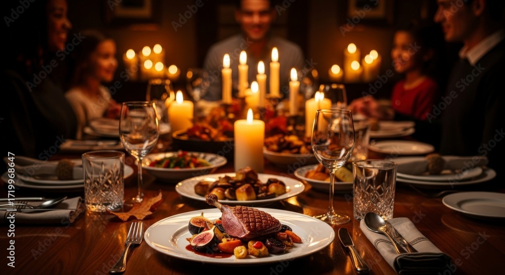 Fototapeta premium A family enjoys a candlelit dinner with a beautifully prepared meal, creating a warm and inviting atmosphere.
