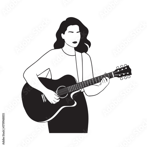Black and white line art of a cool woman playing guitar in casual outfit minimalist stylish illustration