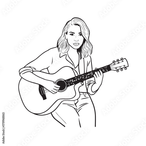 Black and white line art of a cool woman playing guitar in casual outfit minimalist stylish illustration